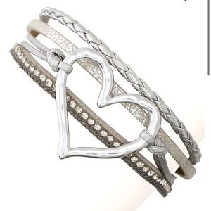 New! Four-Strand Open Heart Bracelet in Silver Bracelet Leather/Rhinstones